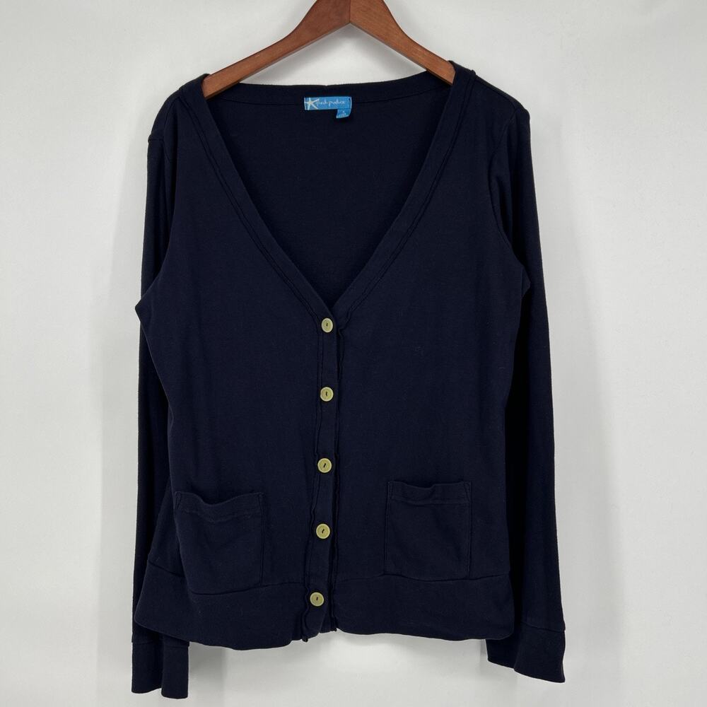 Fresh Produce Cardigan Womens M Navy Blue Cotton V Neck Long Sleeve Basic